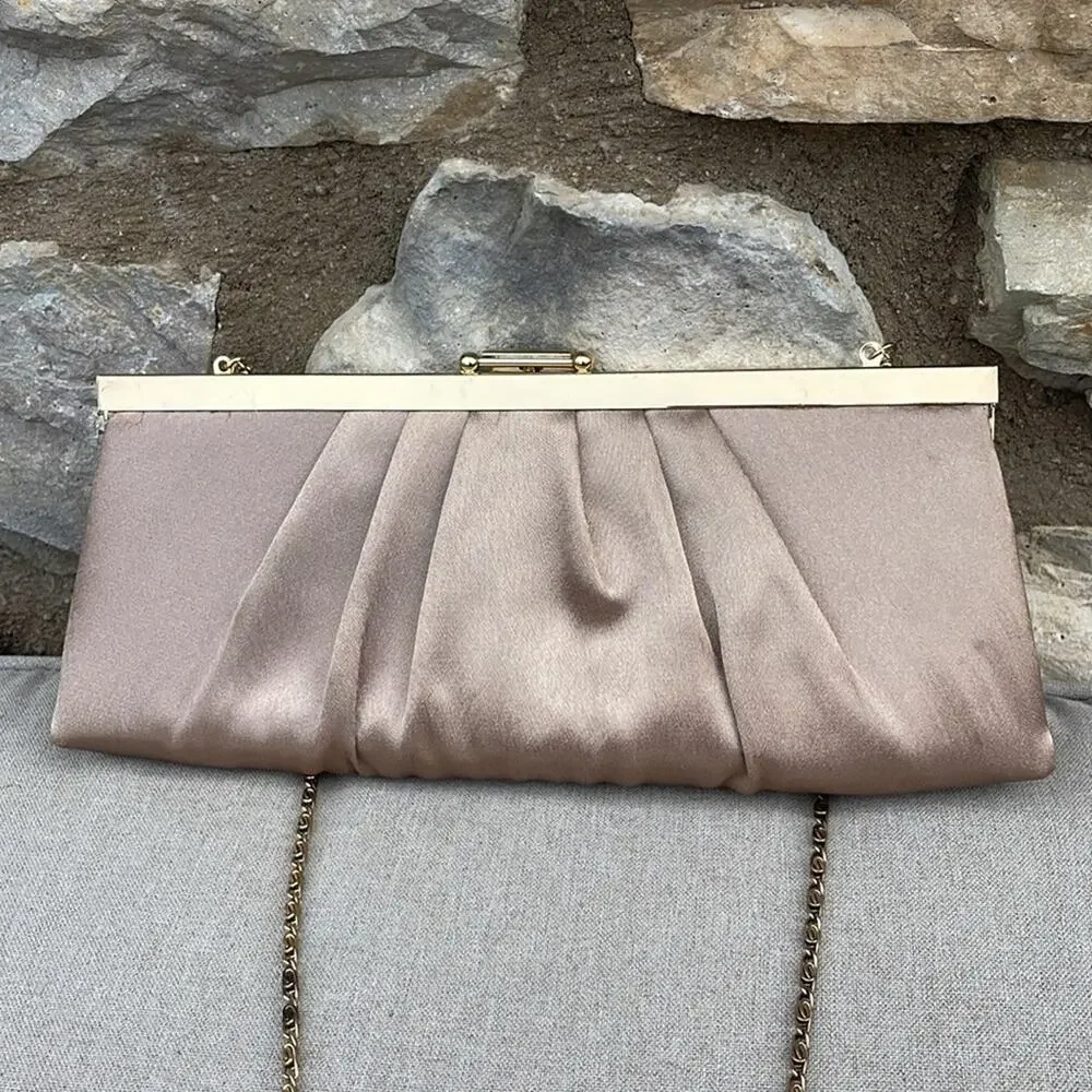 Jessica McClintock gold satin clutch purse with Gold Chain 10x4